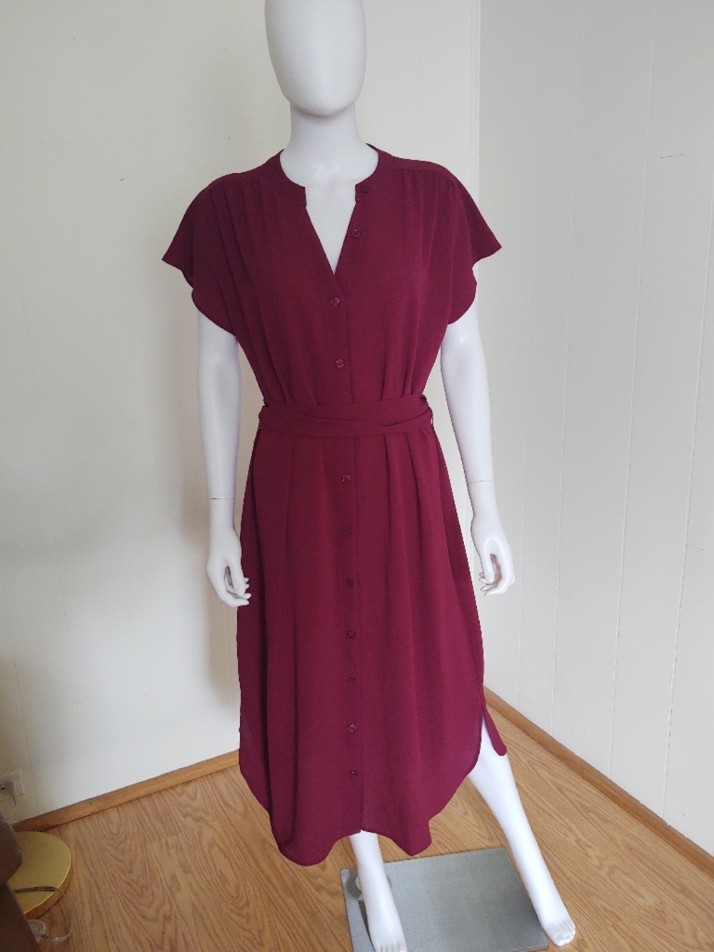 NWOT Fortune & Ivy XL Midi Wine Maroon Tie-Waist Button Front Shirt Dress